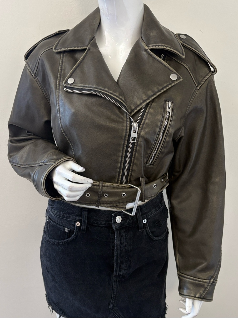 Zara Grey Green Cropped Vegan Faux Leather Oversize Cropped Motorcycle Jacket